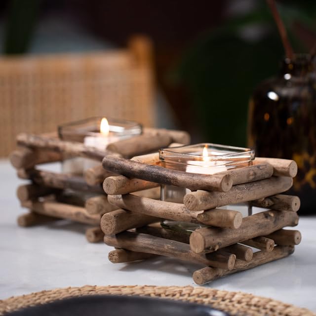 Gadgy Tealight Holder Wood | Set of 2 Driftwood Deco | Table Decoration Living Room | Wind Light Autumn | Candle Holder Wood | Deco Windowsill | Dining Table Deco | Tealight Holder Autumn