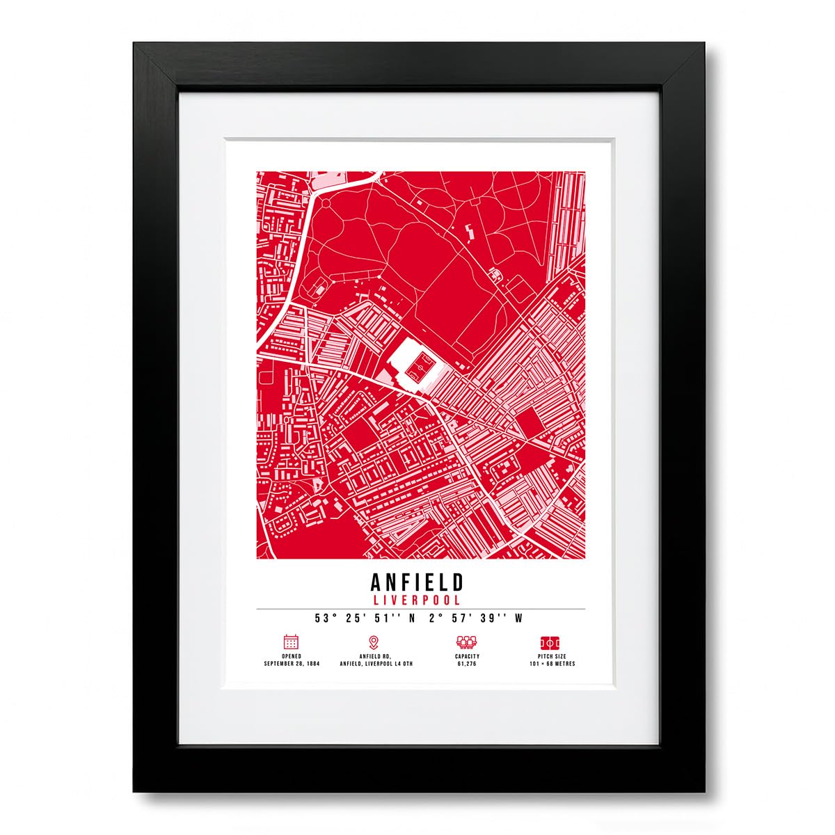 Mounted Gifts Trading A4 Black Framed & Mounted Anfield Stadium Map Minimalist A4/A3 Poster Photo Print Framed Gift Liverpool (A4 Black Framed & Mounted)