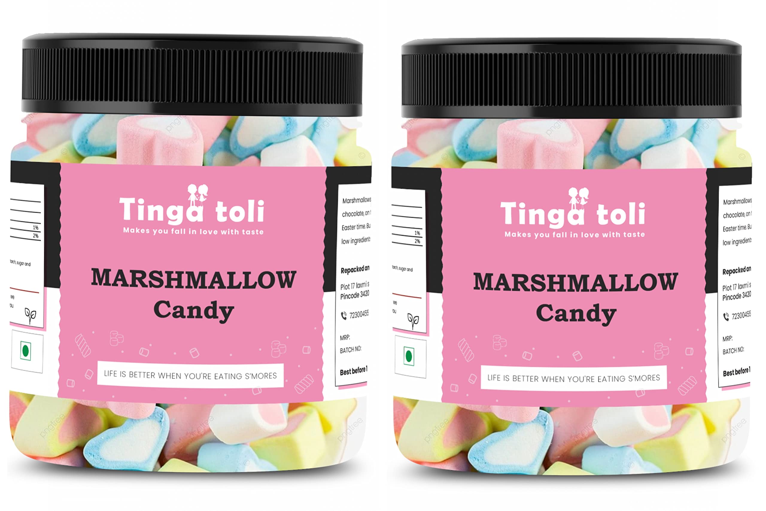 TINGA TOLI Heart Shaped Marshmallows 50 Pieces Each Total 100 Pieces Strawberry & Vanilla Flavour 100% Vegan - Marshmallows Pure Veg Assorted Fruit Flavours [Jar Pack]