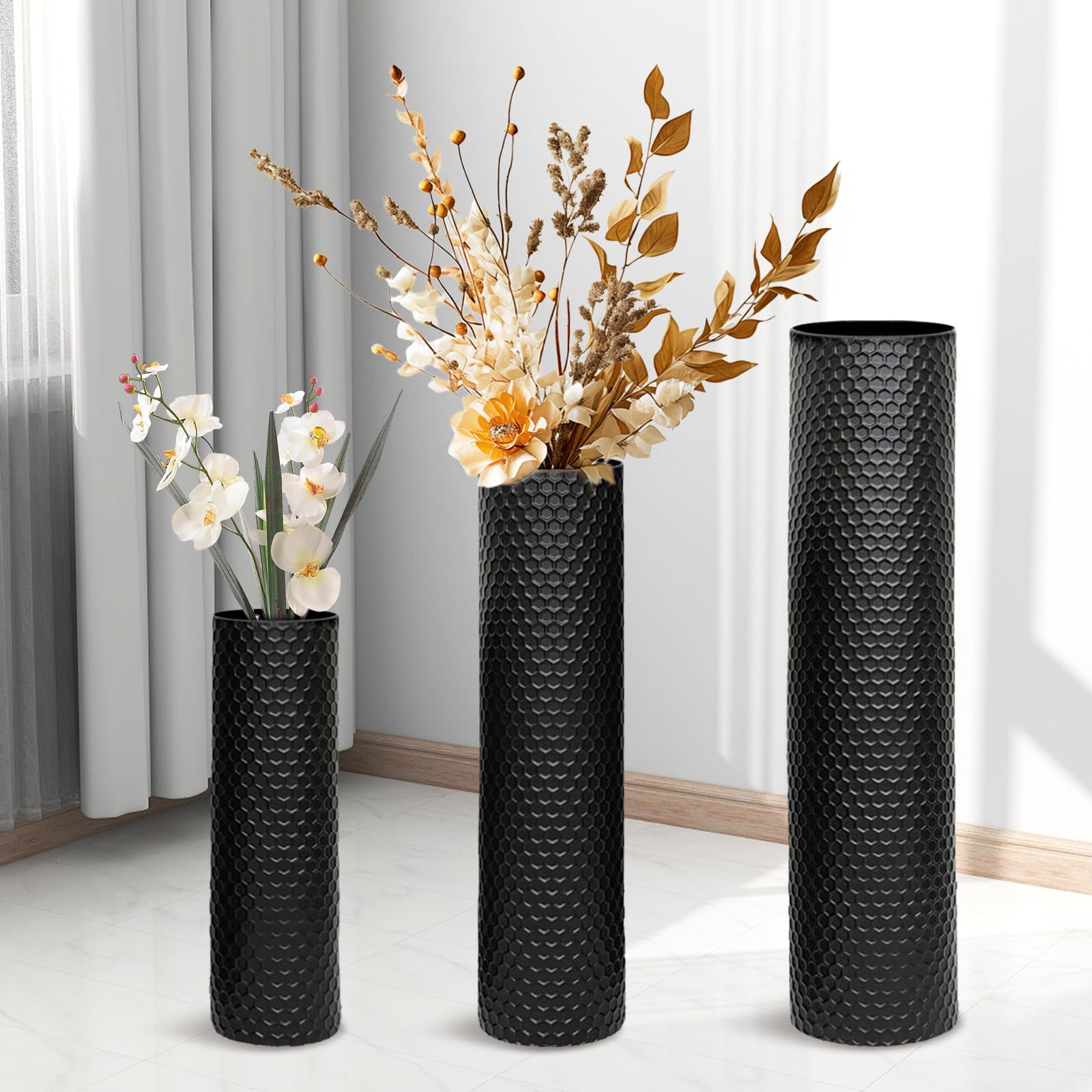 Vaso Grande da Terra Nero, 70/55/40 cm Metallo Vasi da Terra Set di 3, Struttura a Nido d'ape Vasi Decorativi Moderni Extra Vaso Alti da Terra per Camino Corridoio Ufficio Soggiorno