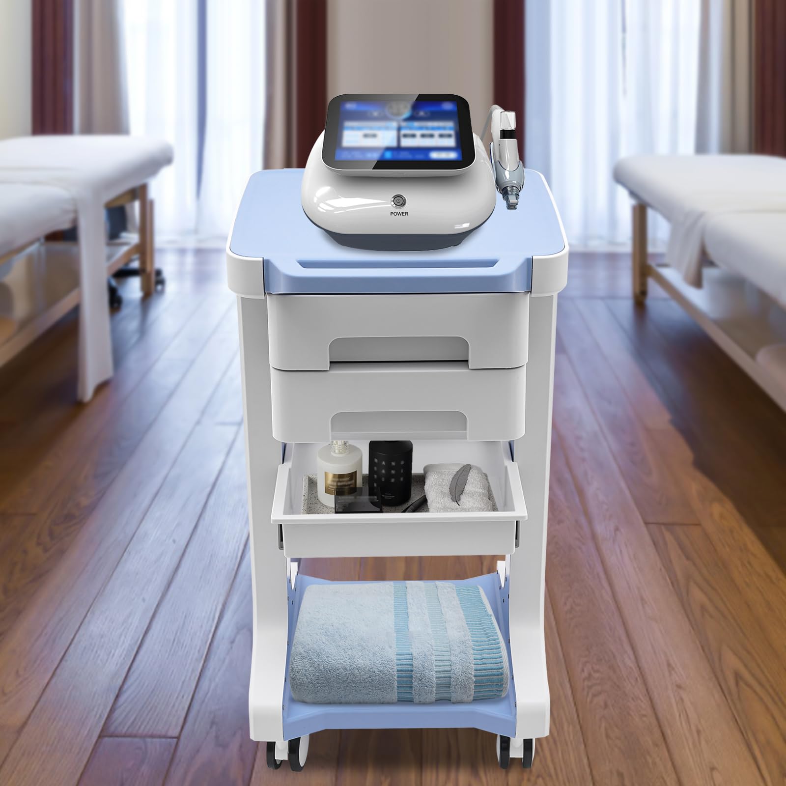 Carrello da laboratorio, con 2 cassetti e 4 ruote universali, 3 strati, capacità di carico 50 kg, per cosmetici, barbiere, ospedale, salone di bellezza (blu)
