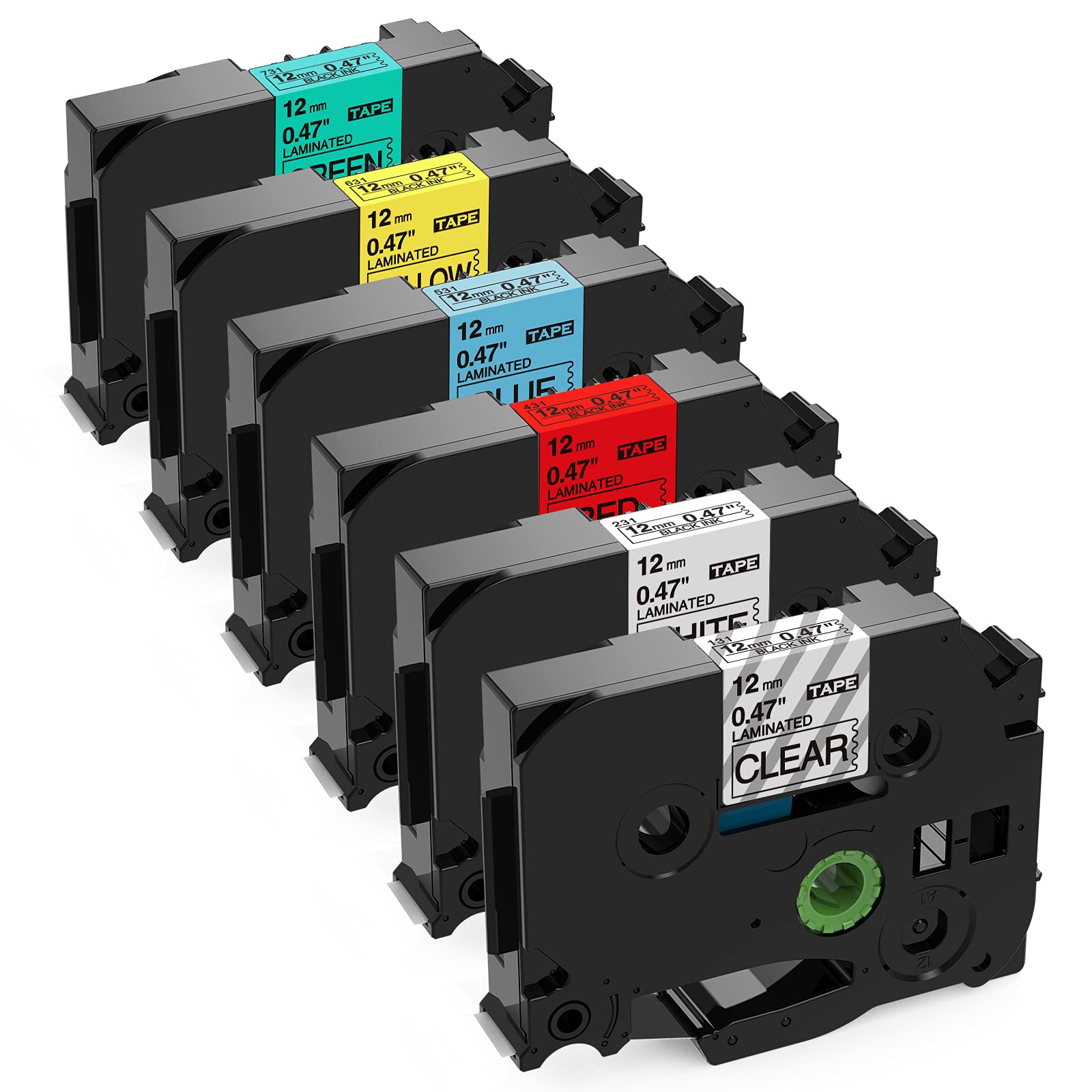 MarkDomain 6-Pack Compatible Label Tapes Replacement for Brother TZ TZe 131 231 431 531 631 731 P Touch Laminated 12mm 0.47 Inch Multi Color, Work with P Touch PT H100 D200 D210 1290 Label Maker