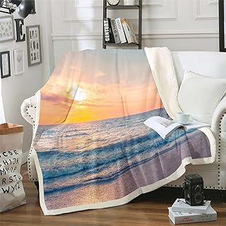 Ocean Beach Plush Blanket Sea Printed Fleece Throw Blanket Summer Holiday Vacation Sherpa Blanket for Bed Sofa Couch Microfiber Nature Warm Fuzzy Blanket Room Decor Twin 60x80