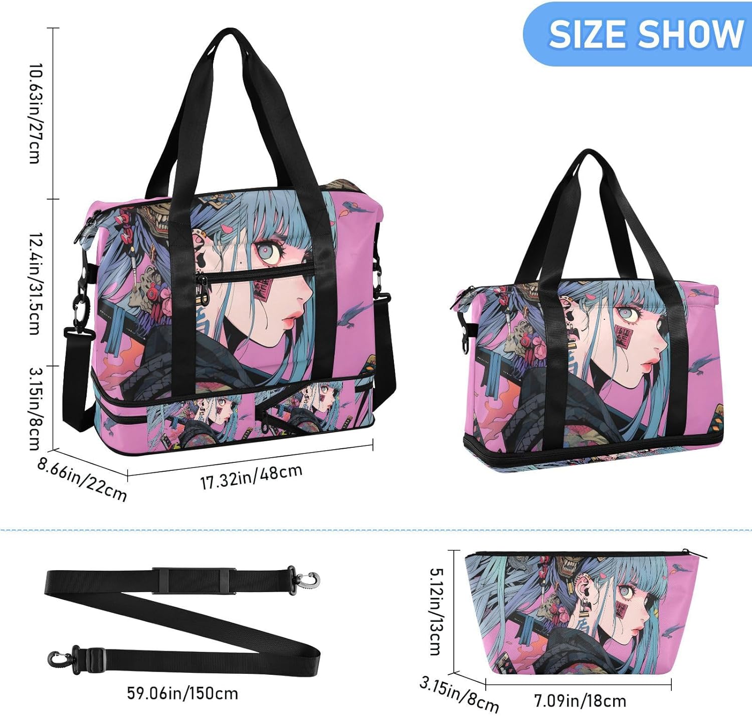 AIXIWAWA Anime Samurai Duffel Bag Set with Shoes Compartment Trolley Sleeve Removeable Strap for Workout Travel Gym