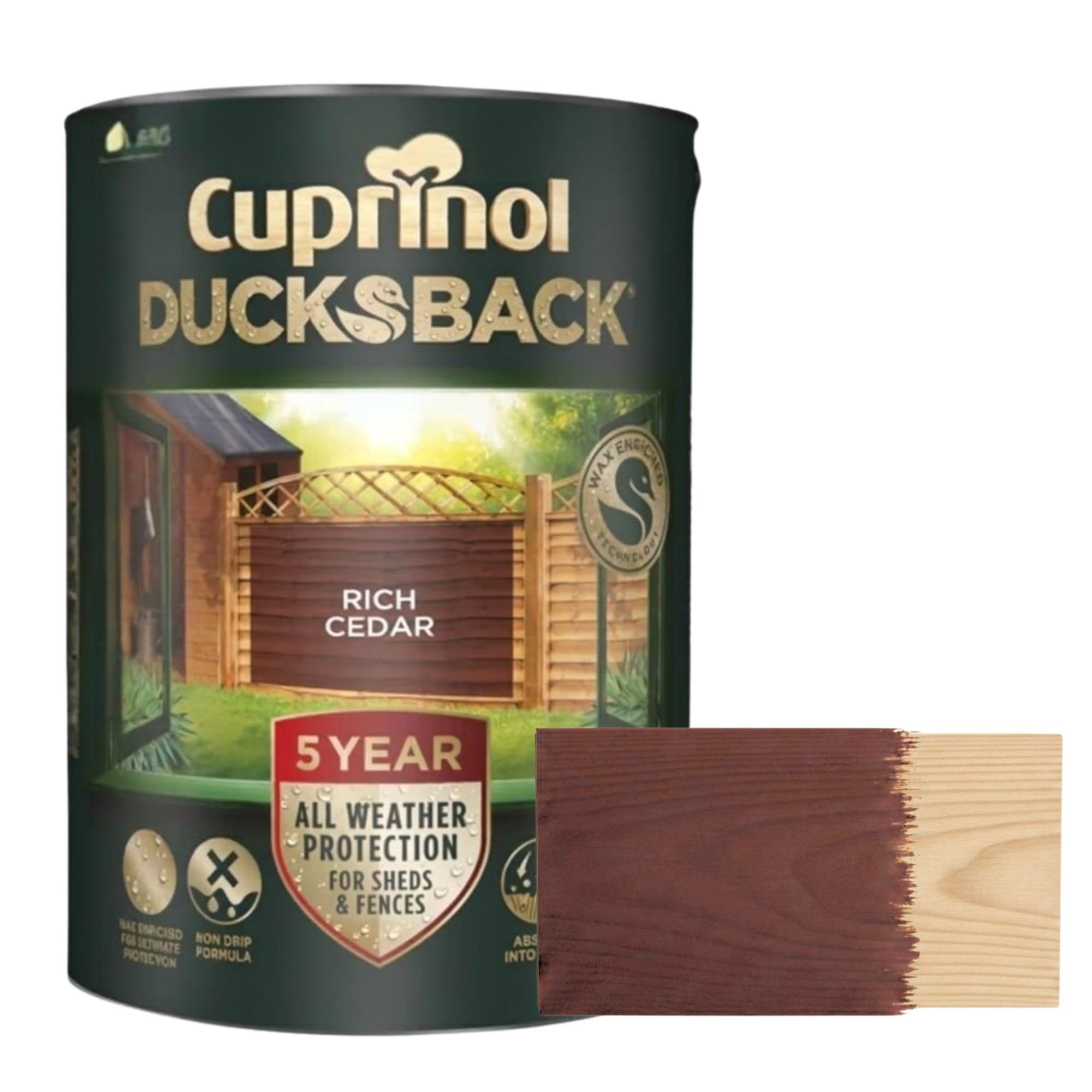 Aruuj 5L Ducksback Paint Rich Cedar, Fence Paint Extends Timber Life, Water Repellent Wood Treatment, Painting Shades Protects Against UV, Rain & Frost, Fast Drying Low Odour