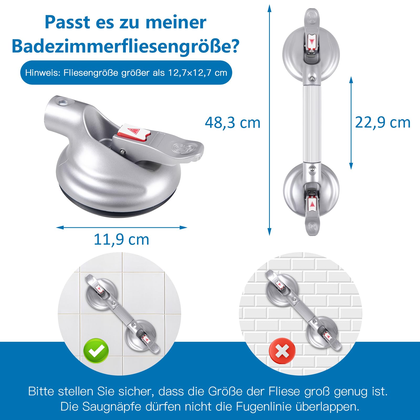 48,3 cm großer Haltegriff mit Saugnapf, tragbarer Duschgriff, Saugnapf, Badewannengriff mit starkem Halt, Saugnapf-Armatur und Schnellentriegelung für Badezimmer (max. Kapazität: 136 kg