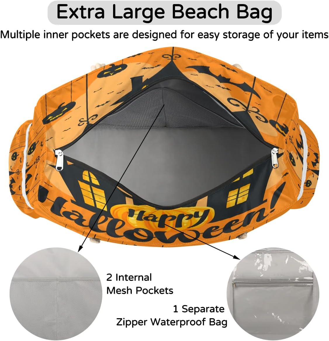 House Bat Halloween Beach Bags Waterproof Sandproof for Women, Large with Zipper Pool Beach Tote Reusable Grocery Shoulder Bag for Swim Travel Shopping Vacation Picnic