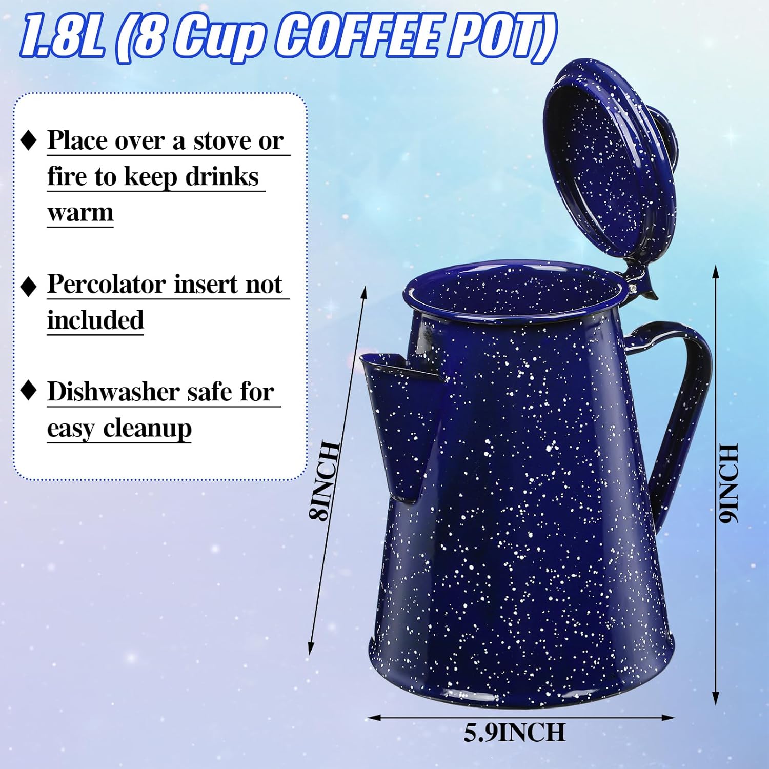 Dandat 60 oz Enamelware Campfire Coffee Boiler Kettle Pot with 6 Pcs 12 oz Enamel Coffee Mug Cowboy Cup for Outdoor Camping Cookware, Picnic, Cabin, RV, Kitchen, Hunting, Backpacking, Blue