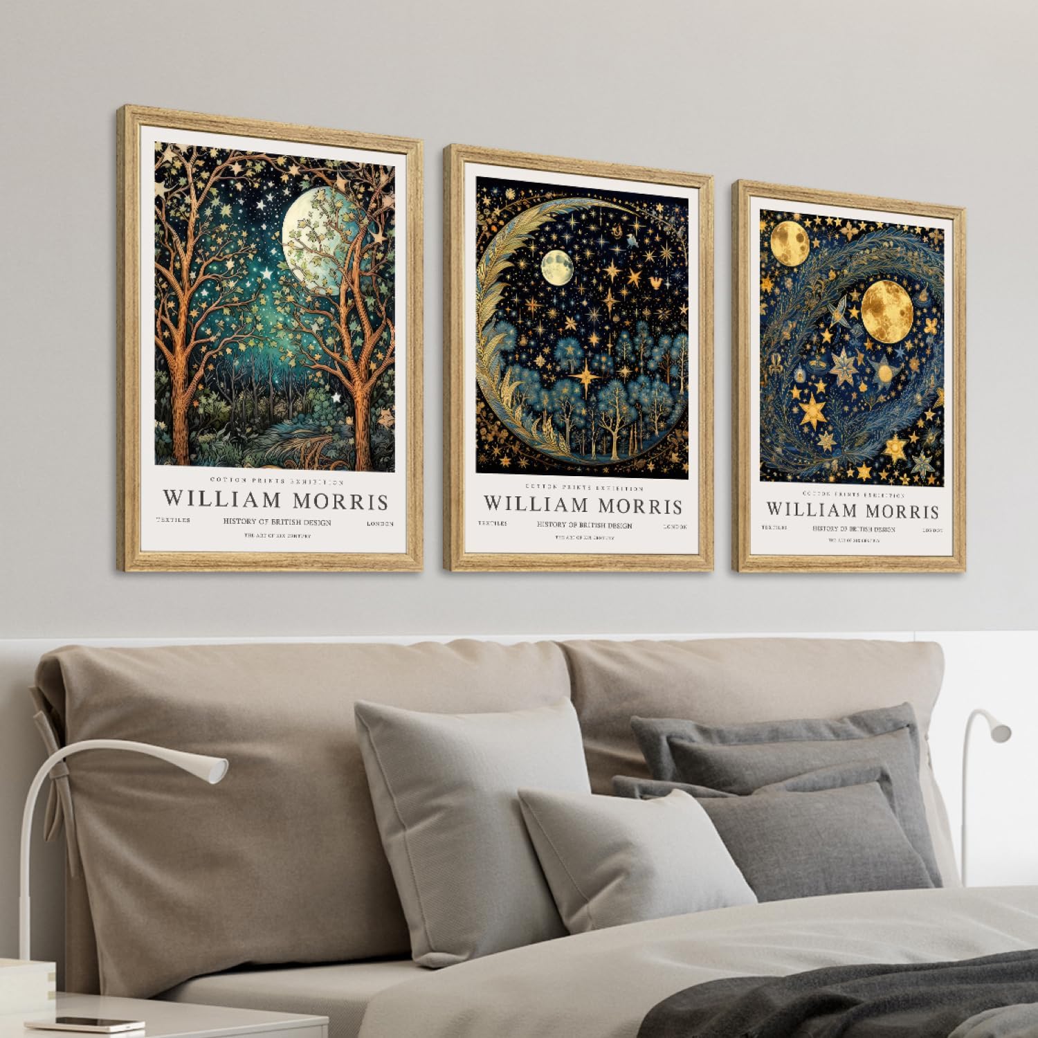 Hianan William Morris Canvas Wall Art, Vintage Gold Moon Stars Poster Prints, Many Dreamlike Stars Wall Decor, Retro Botanical Aesthetic Picture for Bedroom Living Room Office Wood Framed 12"x16"x3
