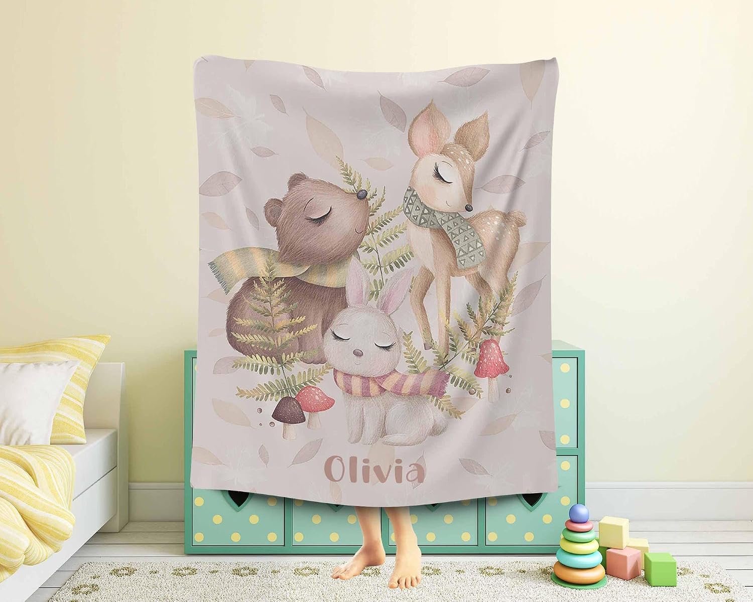 L&NG Customized Infant Blankets for Girls, Woodland Animals Baby Blanket, Winter Holiday Quilt, Autumn Nursery Decor, Toddler Name Blankets, Custom Shower Present, Keepsake Comforter