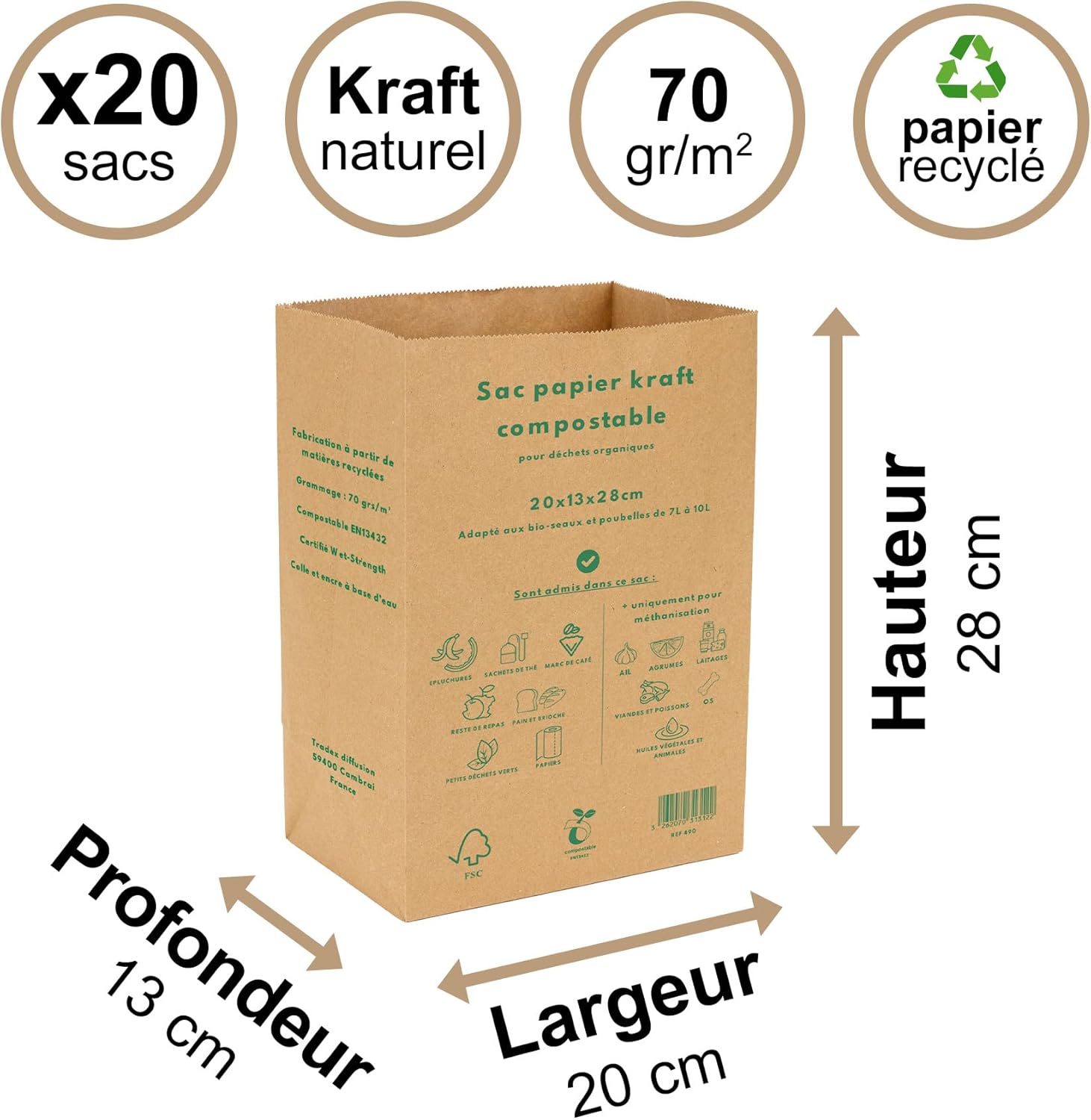 La Cordeline 20 x 10L Compostable Kraft Paper Bags for Home Organic Waste, Reinforced Flat Bottom