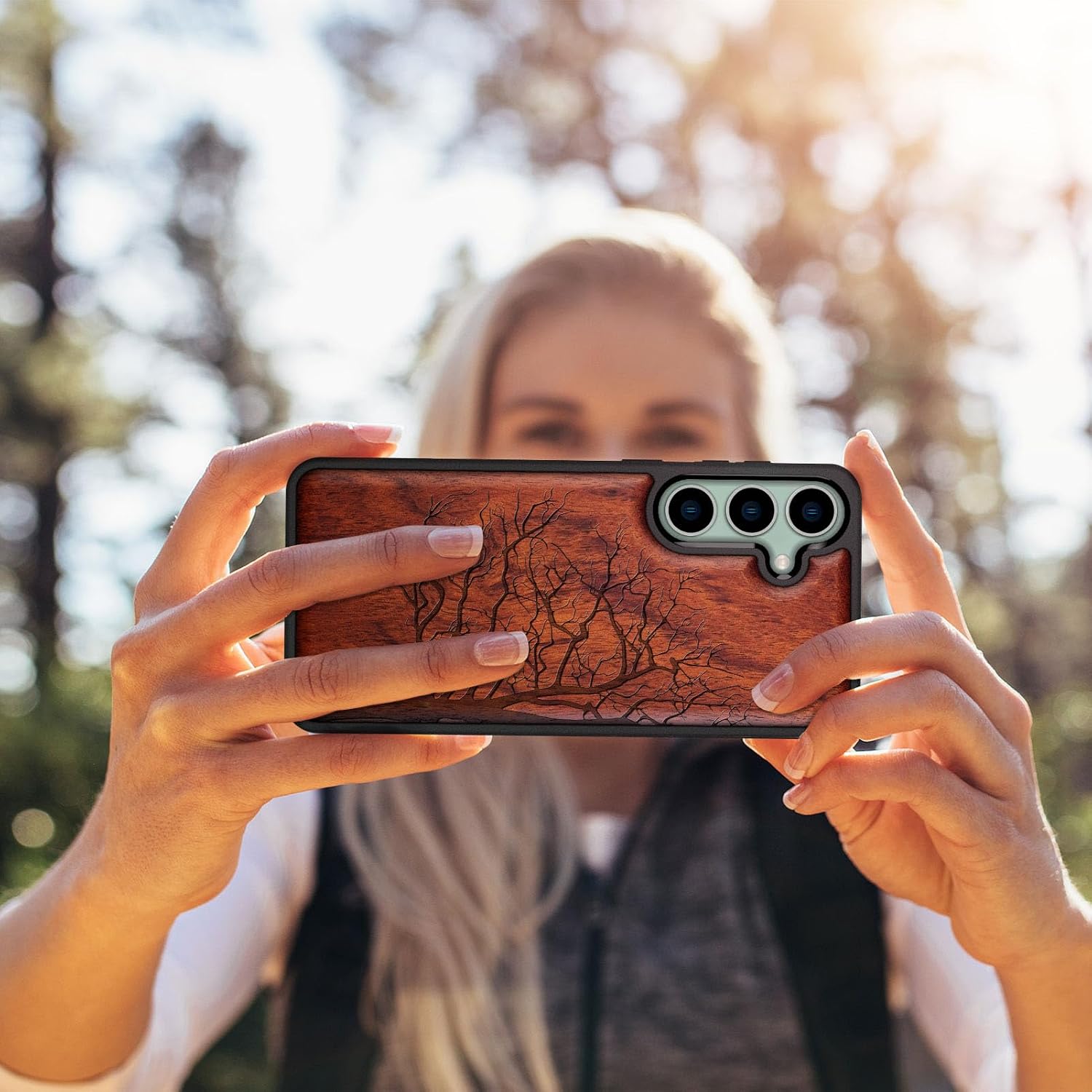 Carveit Wood Case for Galaxy S23 FE Case [Natural Wood & Black Soft TPU] Shockproof Protective Cover Unique Wooden Design Compatible with S23 FE (Eternal Tree-Rosy)