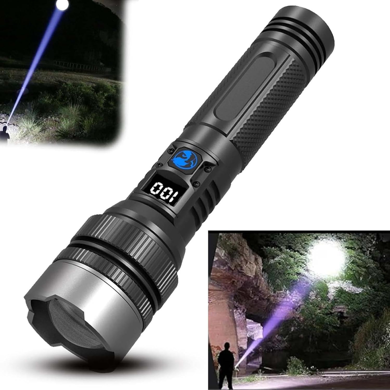 LED Tactical Flashlight, 5 Modes, Adjustable Head, Digital LCD Display, Type-C Rechargeable, Waterproof, for Outdoor Camping Hiking (Black)