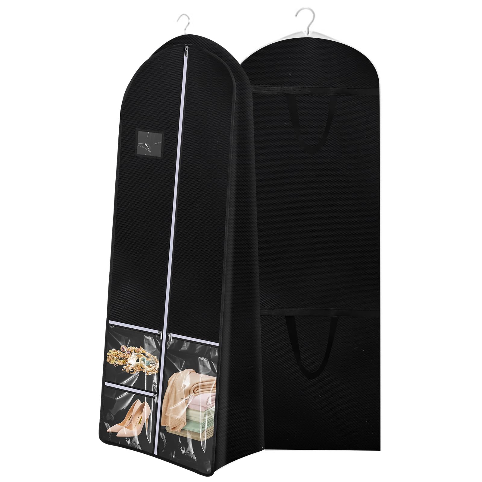 Long Dress Garment Bags, 180x60cm Folding Clothes Covers with 4 Pockets, Clothes Covers Protector Bags with Zipper, Dustproof Clothing Bag for Wedding Coat Gowns Dresses Suits Jackets Storage, Black