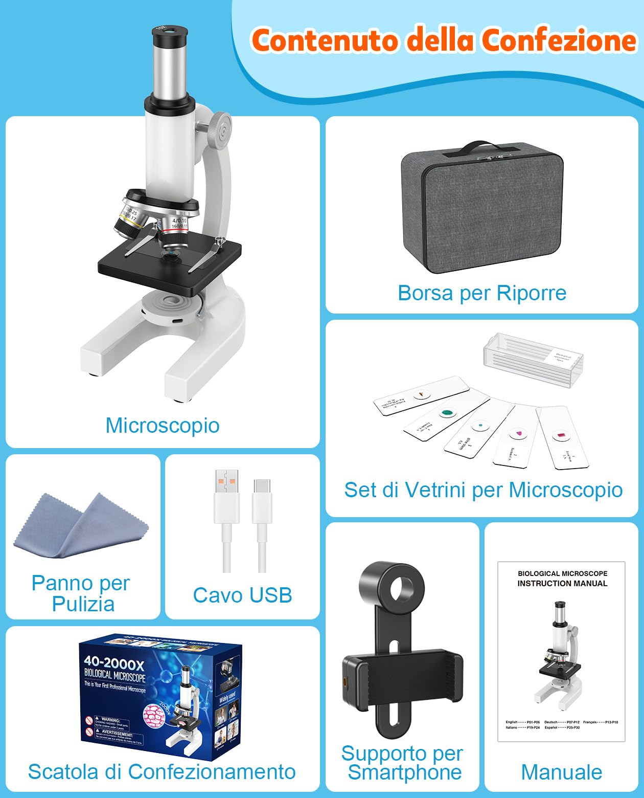 Microscopio 40X-2000X per Bambini Studenti Adulti: Microscopio Ottico Professionale per Lab, Casa e Scuola con Vetrini, Supporto per phone, Struttura in Metallo, Regalo Educativo per ragazzi 8-12