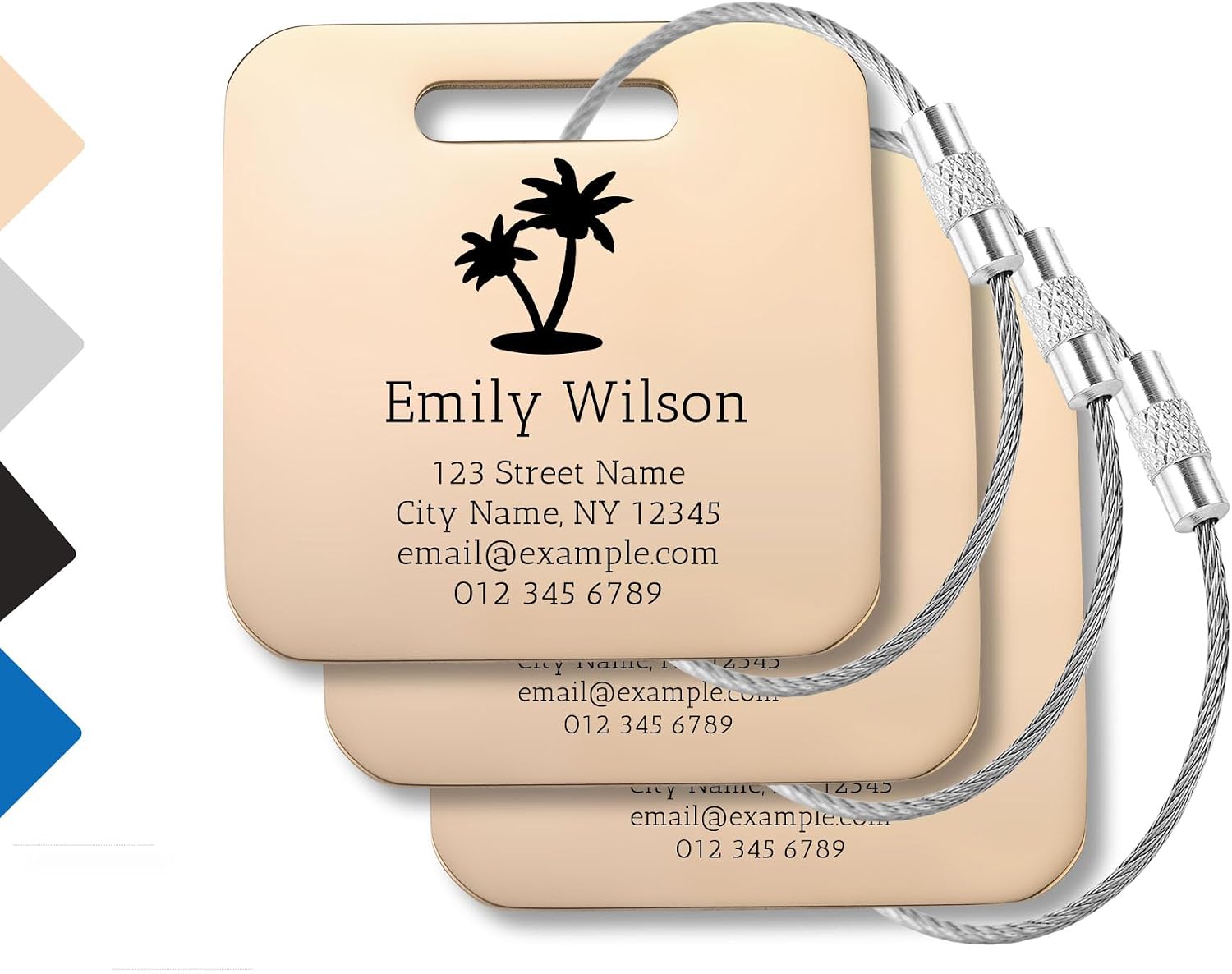 MMXX 3 Pcs Personalized Luggage Tags Custom Name Address Symbol Durable Stainless Steel Luggage Tags for Suitcases Backpack Handbag Come with 2 Types of Hanging Rings - Rose Gold