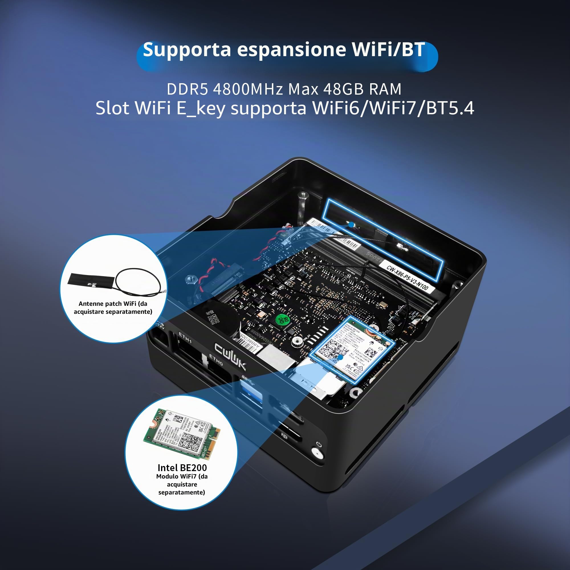 CWWK X86-P6 N355 Mini PC Pocket NAS, 4 Bay M.2 NVMe Mini Computer con 2 x i226-V 2.5GbE LAN, Micro PC Barebone DDR5 NO RAM/SSD/OS, supporto WiFi7/BT5.4 Expandable, 2 display, USB3.2