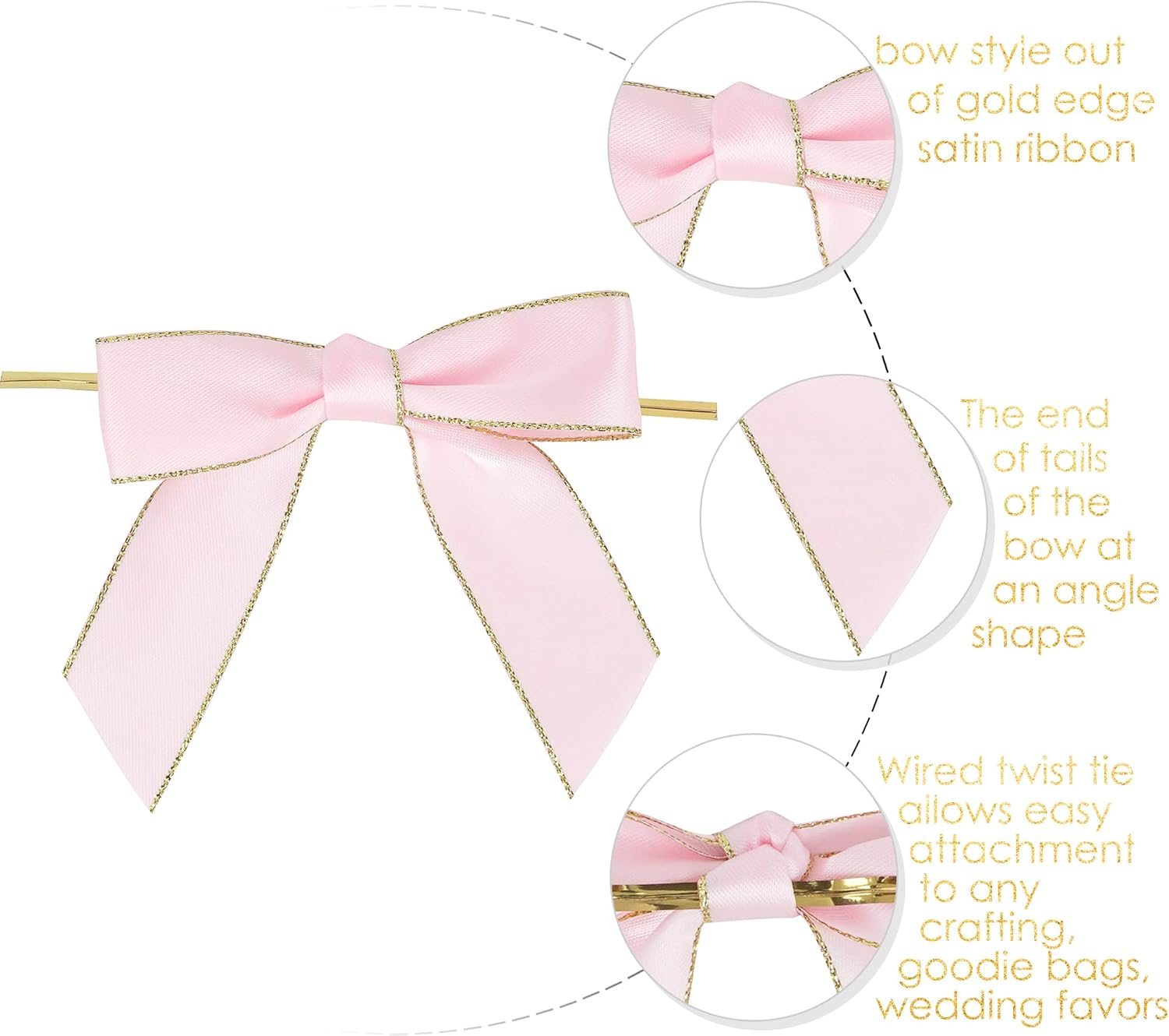 AIMUDI Pink Bows 3.5" Premade Satin Ribbon Bows with Gold Edge Pre-Tied Twist Tie Bows for Gift Wrapping Crafts Treat Bags Baby Shower Wedding Party Decorations, 50 Counts - Image 2