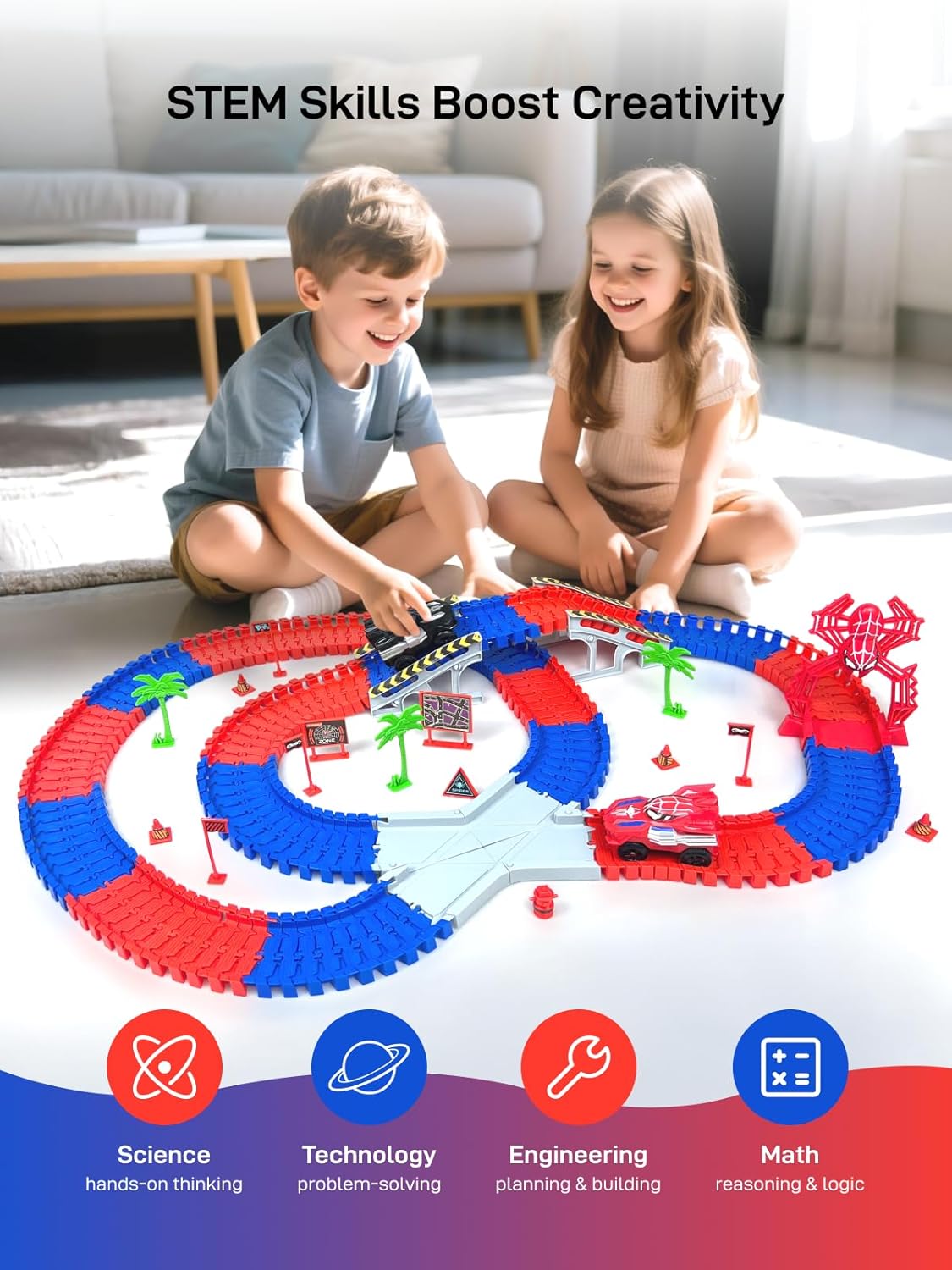 Spider Toys for Ages 5-7, Spider Race Track with 2 pcs Spider Cars Toys for 3 4 5 6 Year old Boys Girls DIY Flexible Tracks Playset Creative STEM Building Car Tracks for Kids Age 3-5 6-8 Birthday Gift