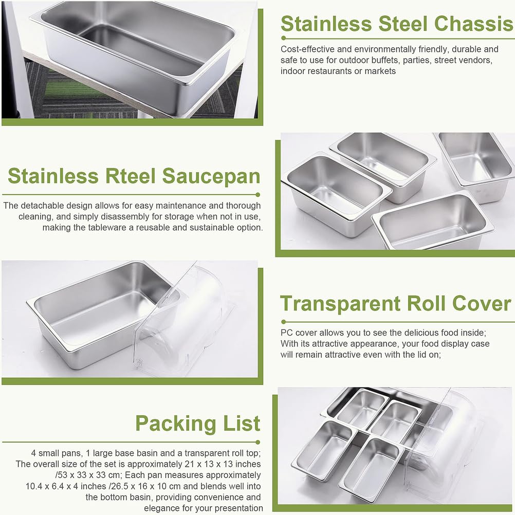 Contenedor expositor de hielo para mostrador, de acero inoxidable Dispensador de condimentos refrigerado con tapa enrollable transparente para buffets, restaurantes y hoteles