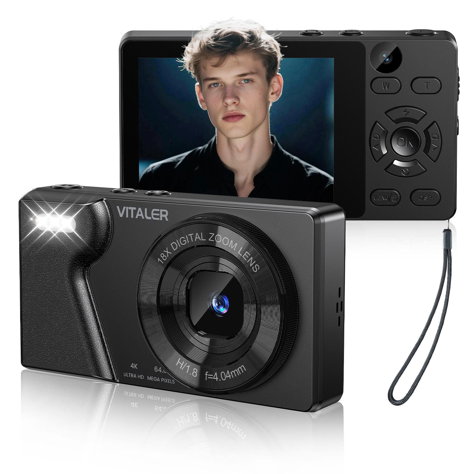 Vitaler Digitalkamera 64MP Fotokamera 4K mit Doppelobjektiv,Gehäuse aus Zinklegierung,2,8" LCD Bildschirm,32GB Micro SD Karte und OTG-Adapter Kompaktkamera für Jugendliche,Anfänger