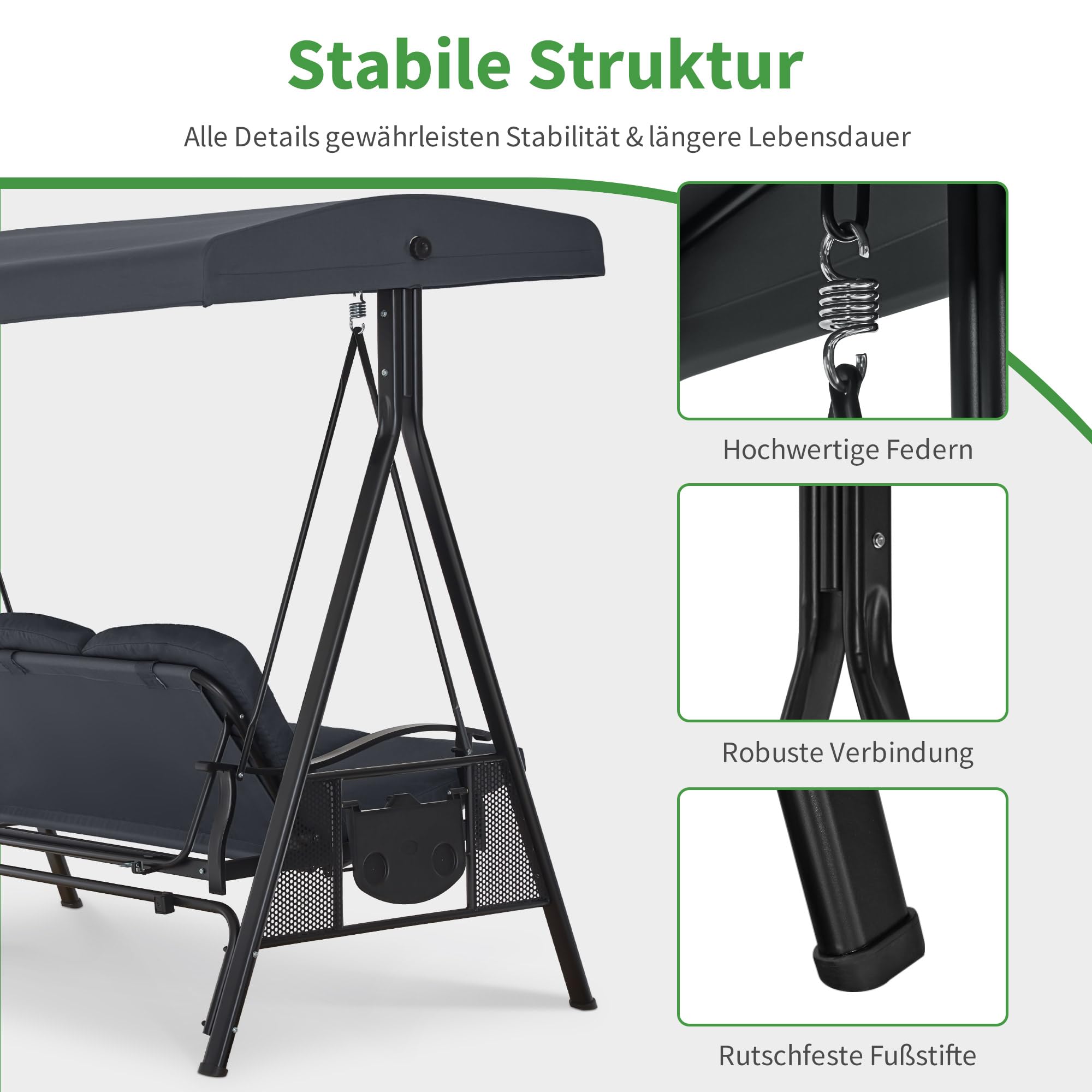 M MCombo 3-Sitzer Hollywoodschaukel mit Liegefunktion, Verstellbarem Sonnendach & Getränkehalter, Gartenschaukel bis 360kg Belastbar Schaukelbank Outdoor Wetterfest 204x118x181 cm 4093 (dunkgelgrau)