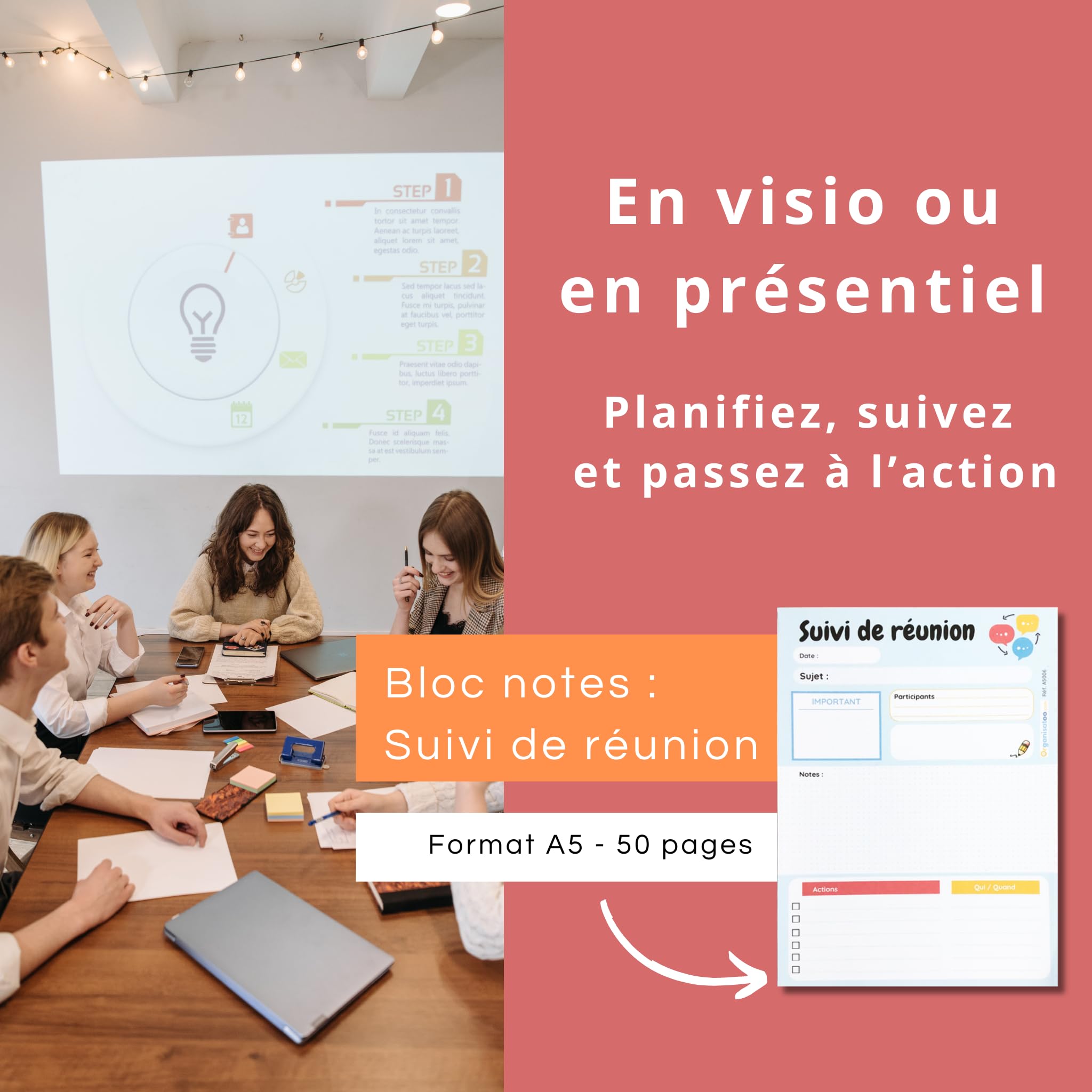 Bloc-notes suivi de réunion A5 50 pages détachables pour équipe managers entrepreneurs