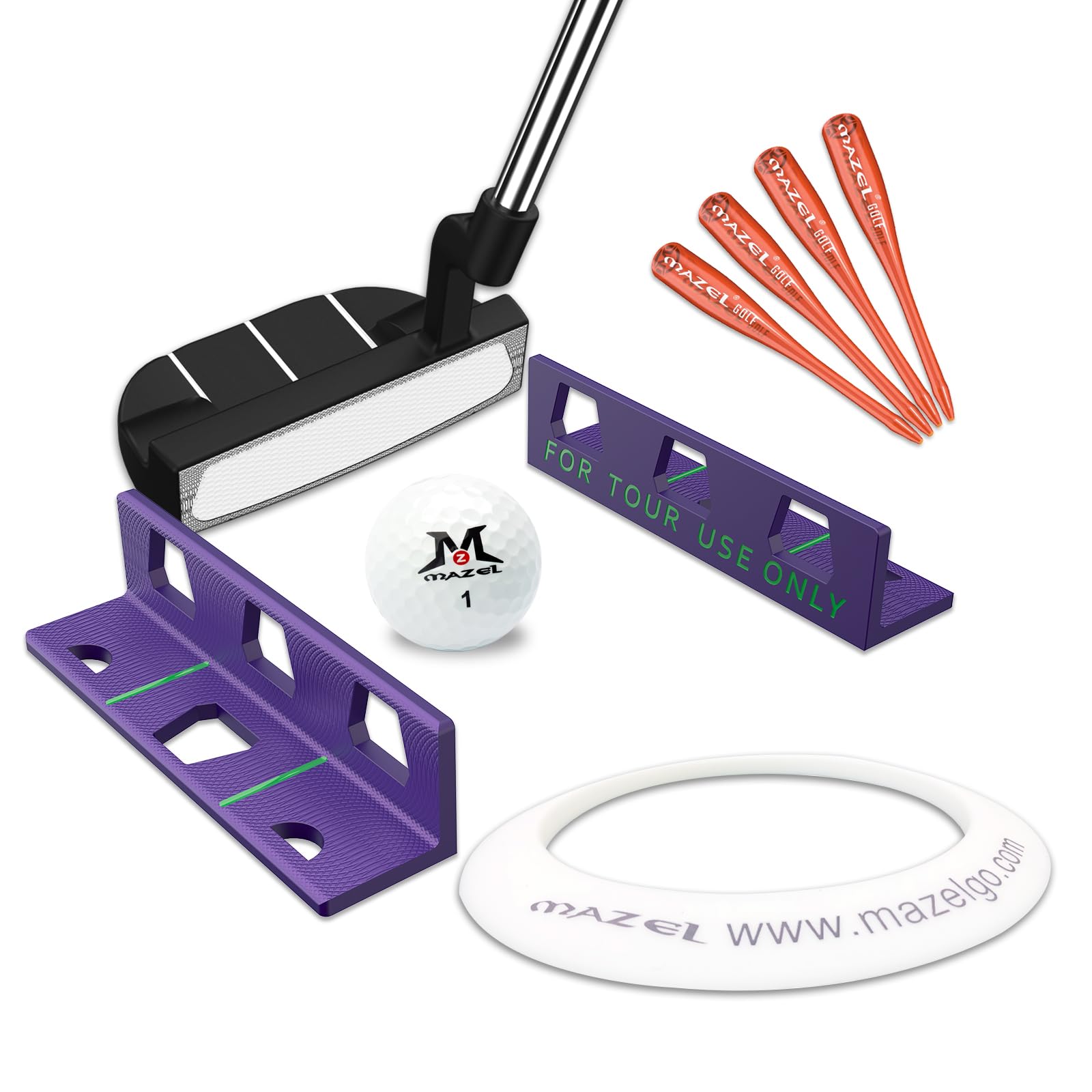 MAZEL Golf Alignment Putting Training Aids Set - Golf Putting Path Tool for Consistency & Accuracy 1 Alumimum Put Gates,1 Rubber Ring & 4 Plastic Tees (Purple Putting Gate(1 Ring+4 Plastic Tee))