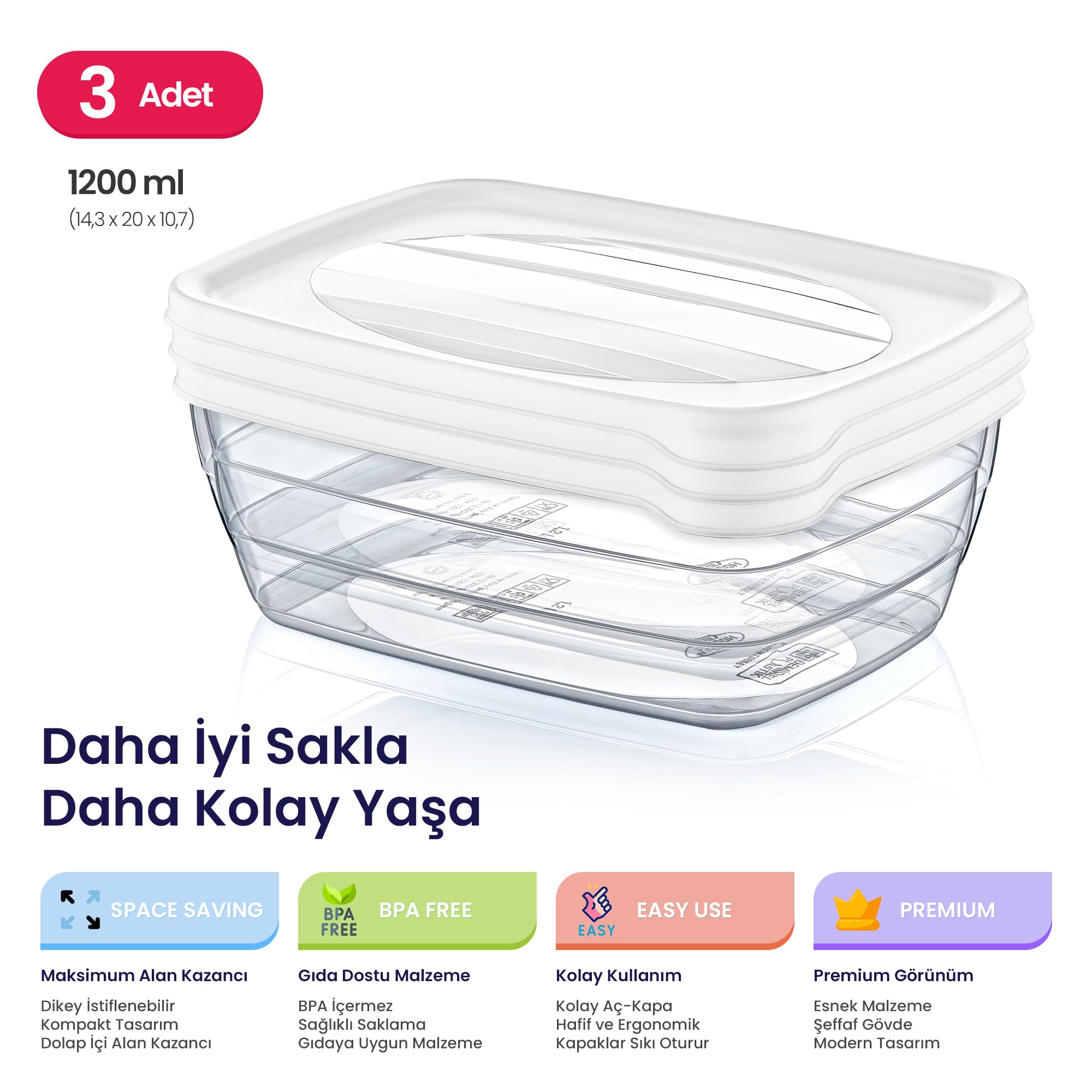 Hobby Life Trend 3'lü Dikdörtgen Saklama Seti – Modern, İstiflenebilir ve Gıda Dostu Mutfak Organize