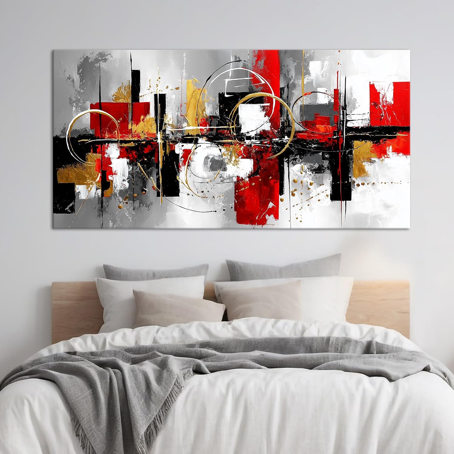 Azatyam Red Black White Abstract Canvas Wall Art Modern Geometric Circle Painting Yellow Grey Artwork Horizontal Large Minimalist Picture Prints for Living Room Bedroom Office Home Wall Decor 20"x40"