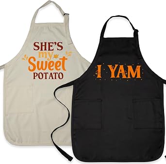 Shes My Sweet Potato I Yam Apron Funny Couple Cooking Aprons Matching Thanksgiving Kitchen Pun Design, Husband Wife Boyfriend Girlfriend Fall Cooking Aprons