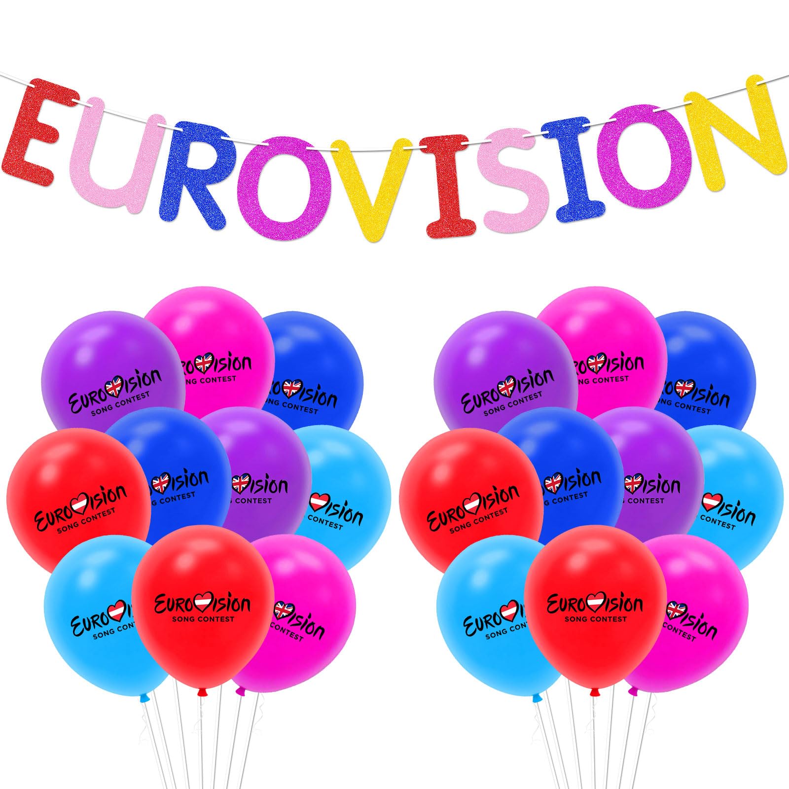 21 Pcs Eurovision 2026 Party Decorations Set, 12 Inch Multicolour Latex Balloons and Glitter Eurovision Banner, Vienna 2026 Celebration Themed Supplies for Eurovision Song Contest Watch Party