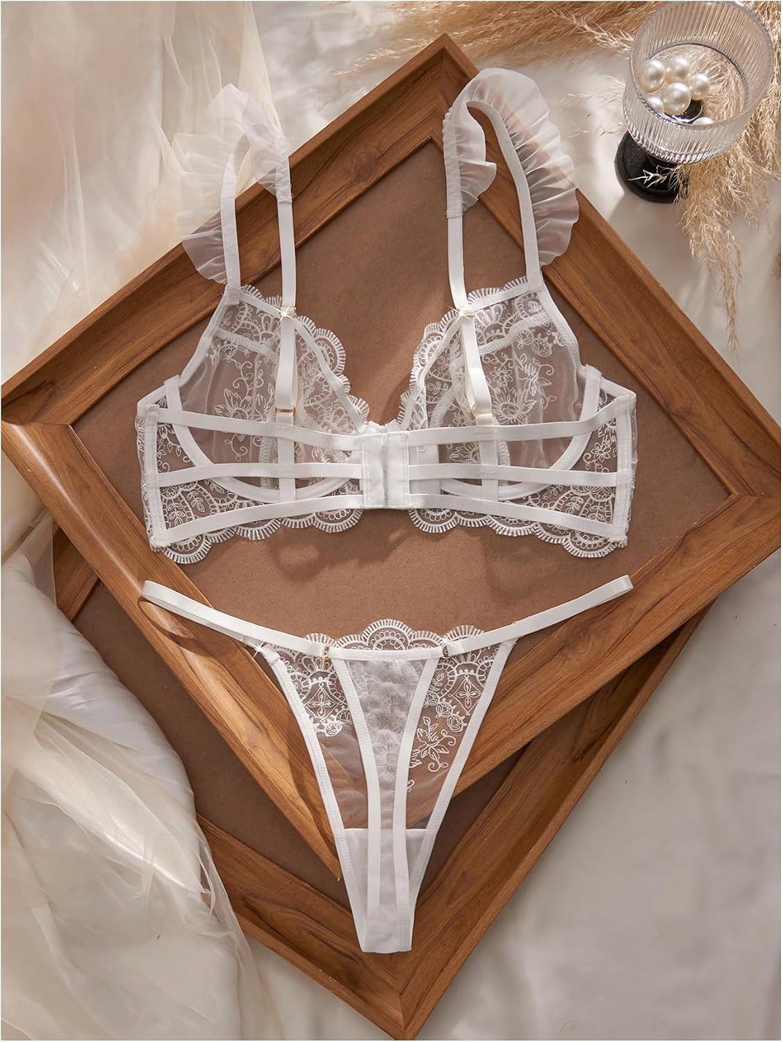 SweatyRocks Women's 2 Piece Lingerie Set Sheer Lace Underwire Balconette Bra and Low Rise Thong Sets