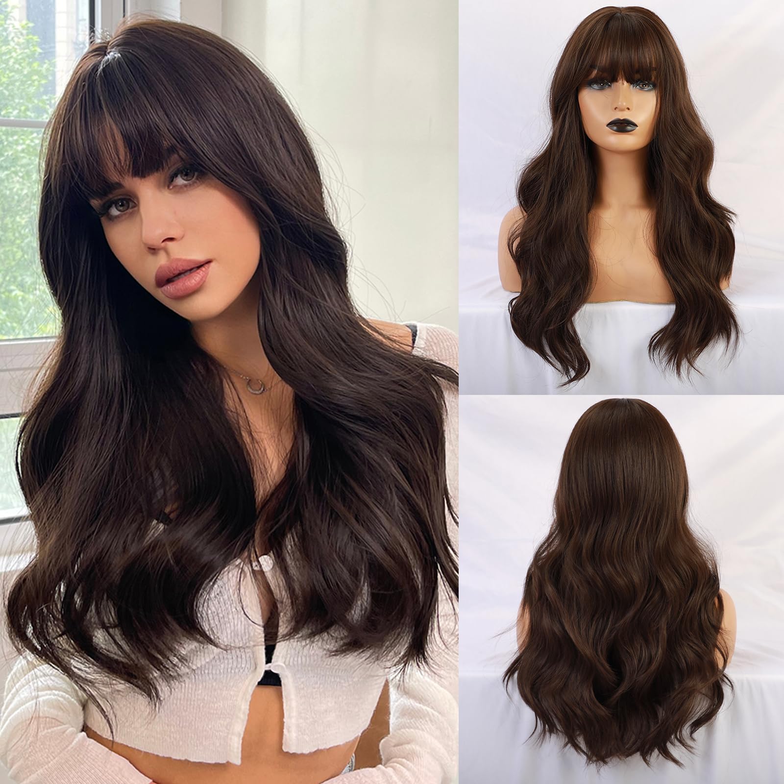 Esmee Long Straight Natural Synthetic Hair Layered Wigs for Women with Dark Roots for Daily Party Use-24 Inches: Dark Brown