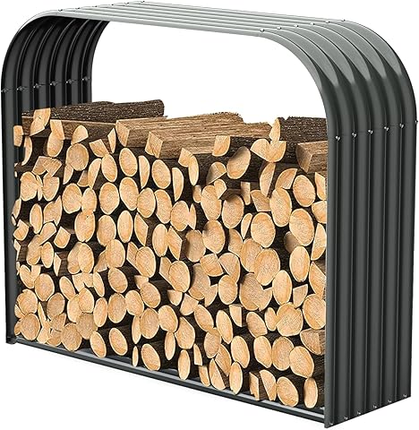 A ANLEOLIFE Galvanized Steel Firewood Storage Shed Outdoor Corrugated Metal Log Rack, Heavy Duty Log holder Lumber Storage Stand -Element Gray