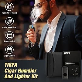 TISFA Cigar Humidor, Leather Cedar Wood Cigar Case with Cigar Lighter, V Cut Cigar Cutter, Cigar Holder 3 in 1, Portable Travel Cigar Humidor Box with Humidifier (Black)