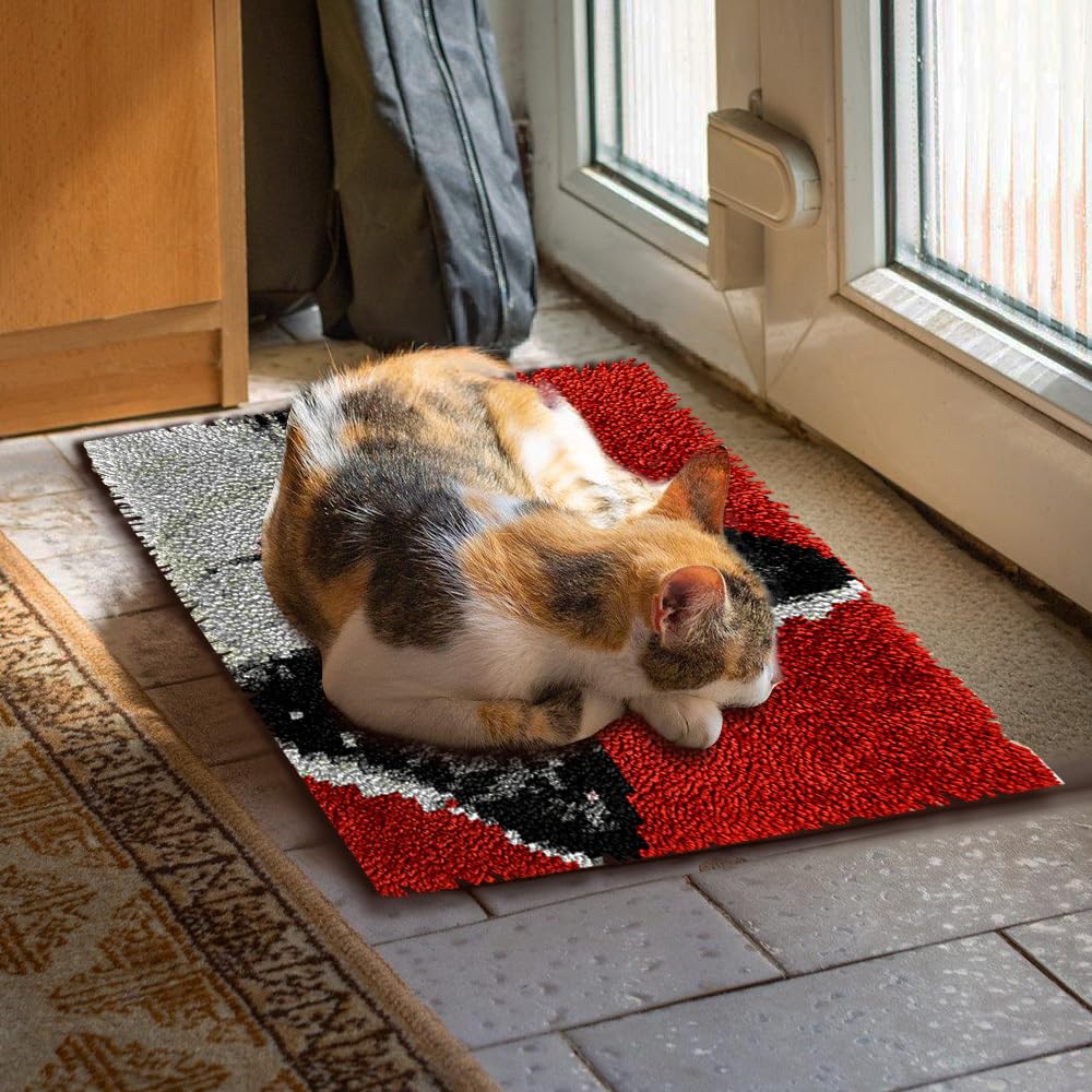 MiOYOOW Kit Tappeto con Uncinetto, Set di Tappeti con Motivi di Gatti con Gancio, Decorazioni per Casa Regalo Ricamo a Motivo Prestampato di Gatto