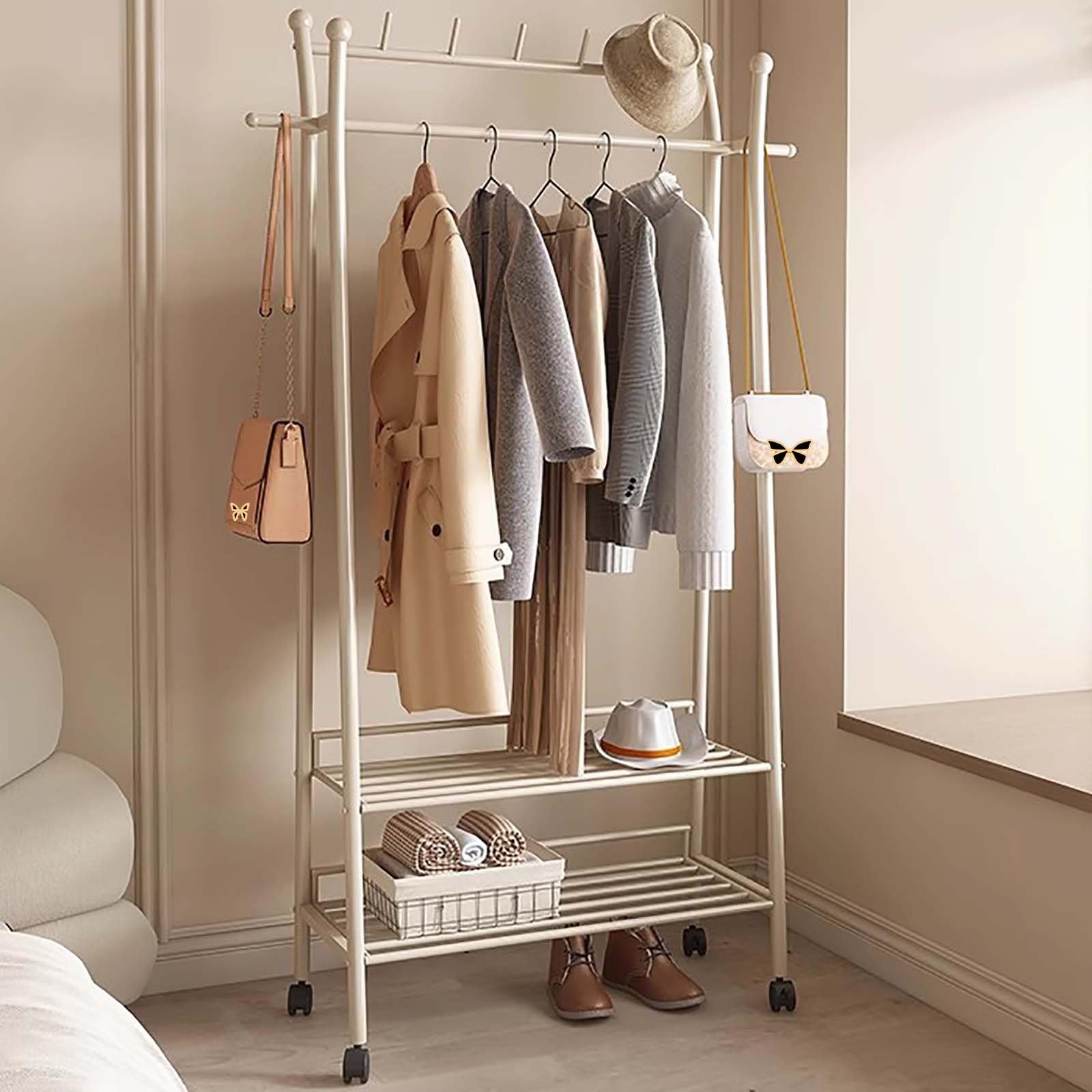 Présentoir à vêtements double blanc 60cm portant portable à roulettes avec étagères