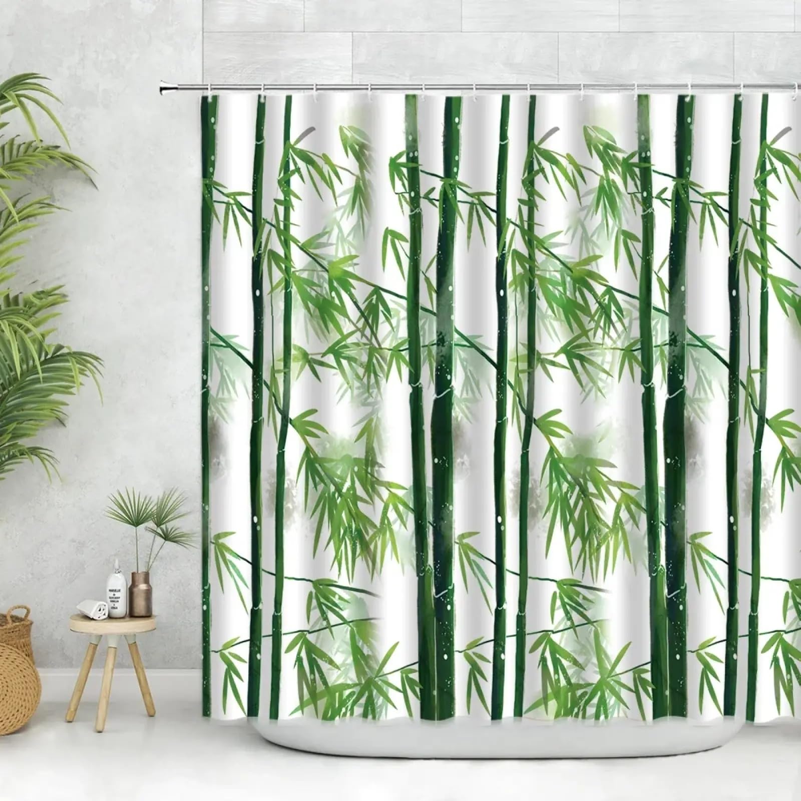 Rideau de douche bambou vert crée une ambiance spa minimaliste blanc