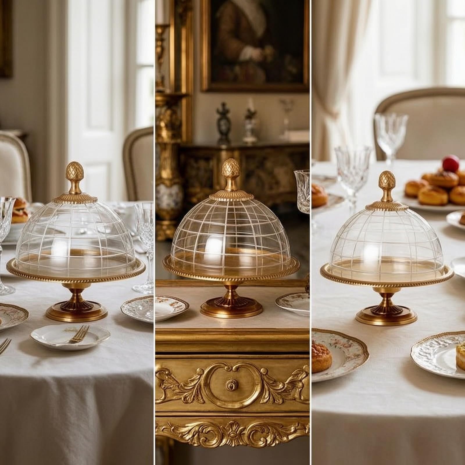 Alzata per Dolci Vassoio Espositore Centrotavola in Ottone E Vetro con Due Ripiani E Manico Ad Anello Struttura Stabile E Vassoi in Vetro Trasparente , Retro Mirror Tray