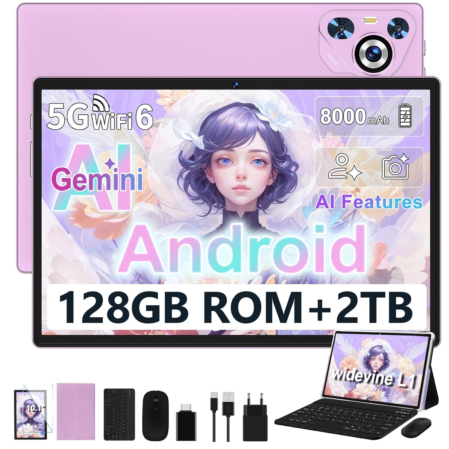 Dghrti Tablet 10 Inch Android, 22GB RAM 128GB ROM/TF 1TB, Octa-Core Processor, 8000mAh, BT5.0, 8MP+5MP, Dual WiFi, Face ID, Widevine L1, Eye Protection, Tablet with Keyboard &…