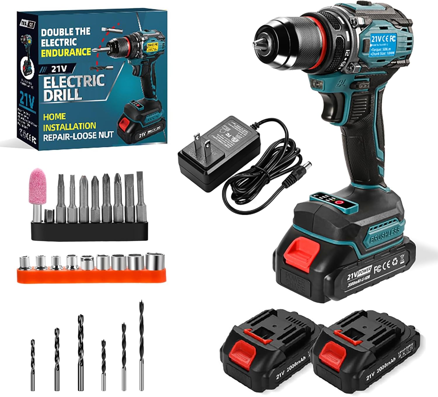 21V Cordless Power Drill/Driver Set, Electric Power Drill Set with 2 Battery & Charger, 3/8” Keyless Chuck, 2 Variable Speed, 28-Piece Kit Power Drill Drivers for Home Use
