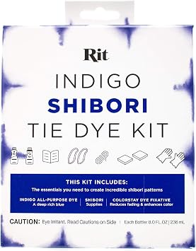 Rit Shibori Tie Dye Kit Indigo All Purpose Dye, Shibori, Colorstay Dye Fixative Included Rubber Bands, Twine, Squares, Gloves, and Simple Instructions Great DIY Project