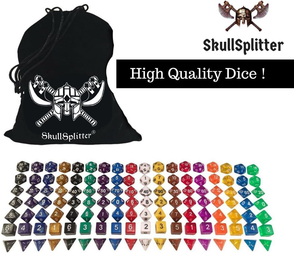 Skull Splitter Dice- One Pound Bag of Dice- 126 Polyhedral RPG Bulk Dice- 18 Complete Sets of 7 Dice - Velvet Dice Bag