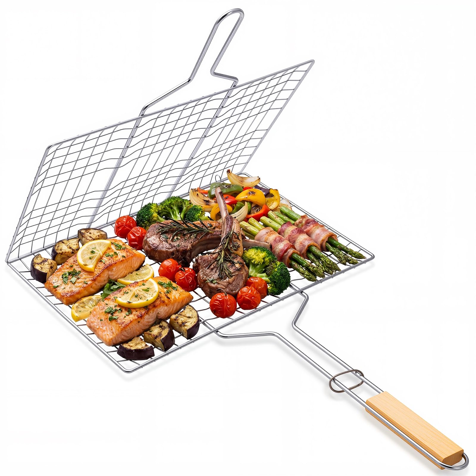 The Fellie BBQ Grill Basket, Lightweight Portable Fish Grilling Basket for Fish Vegetables, Wooden Handle Plating Barbecue Grill Basket Net Accessories for Outdoor Camping Barbecue Party, 38.5*28 CM