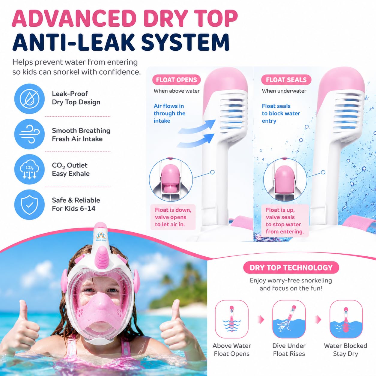 Maschera da snorkeling per bambini, set completo con boccaglio a forma di unicorno, con vista panoramica a 180°, anti-appannamento, anti-perdite, idea regalo per ragazzi e ragazze