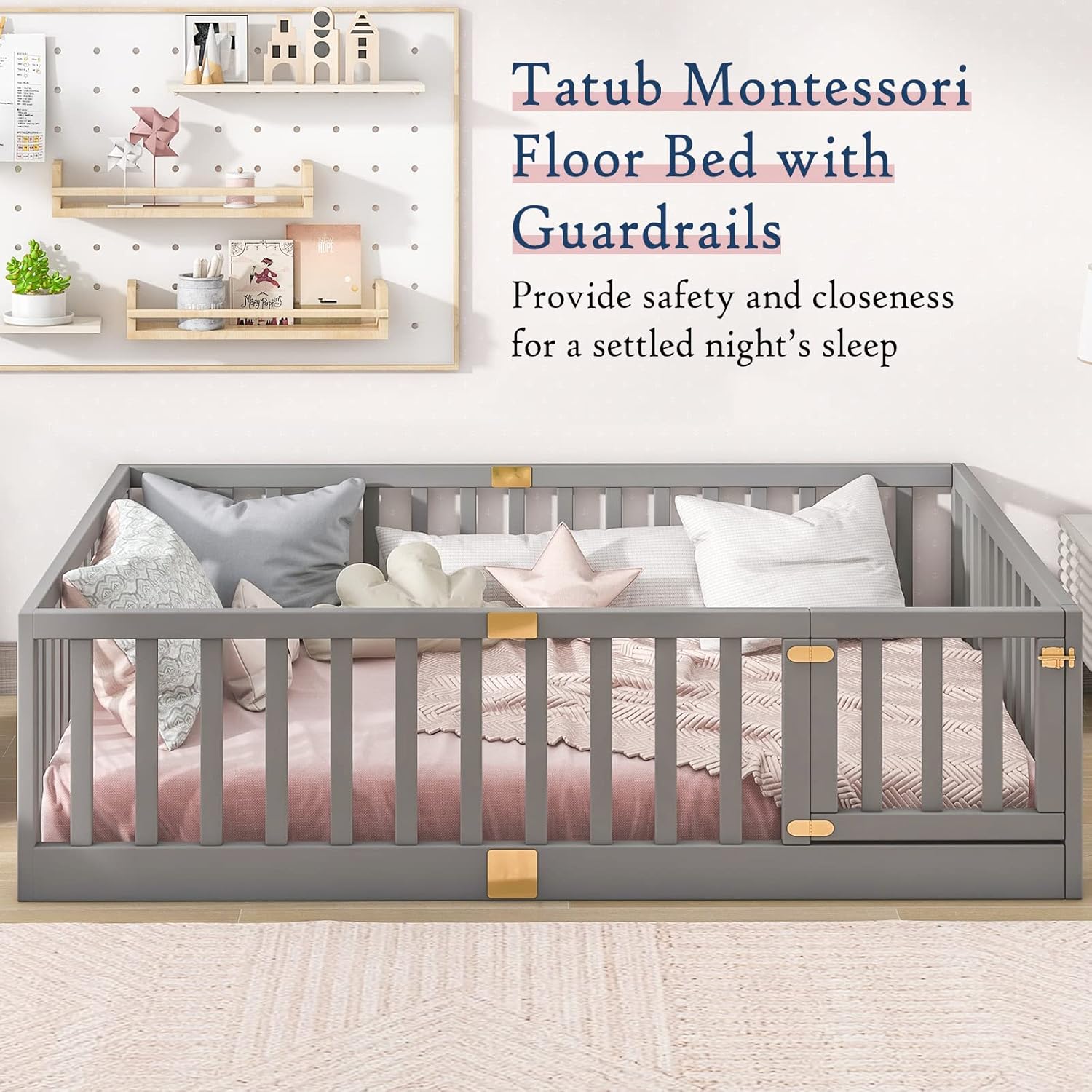 Image of the Tatub Montessori Floor Bed with guardrails and an open door, showing a child-friendly access point.