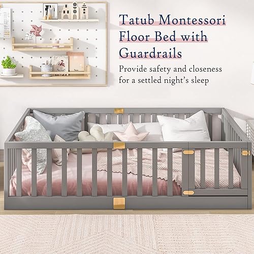 Miniatura 11 de Tatub Cama Montessori de suelo individual con rieles altos, marco de cama Montessori de madera maciza para niños, la entrada se puede instalar a
