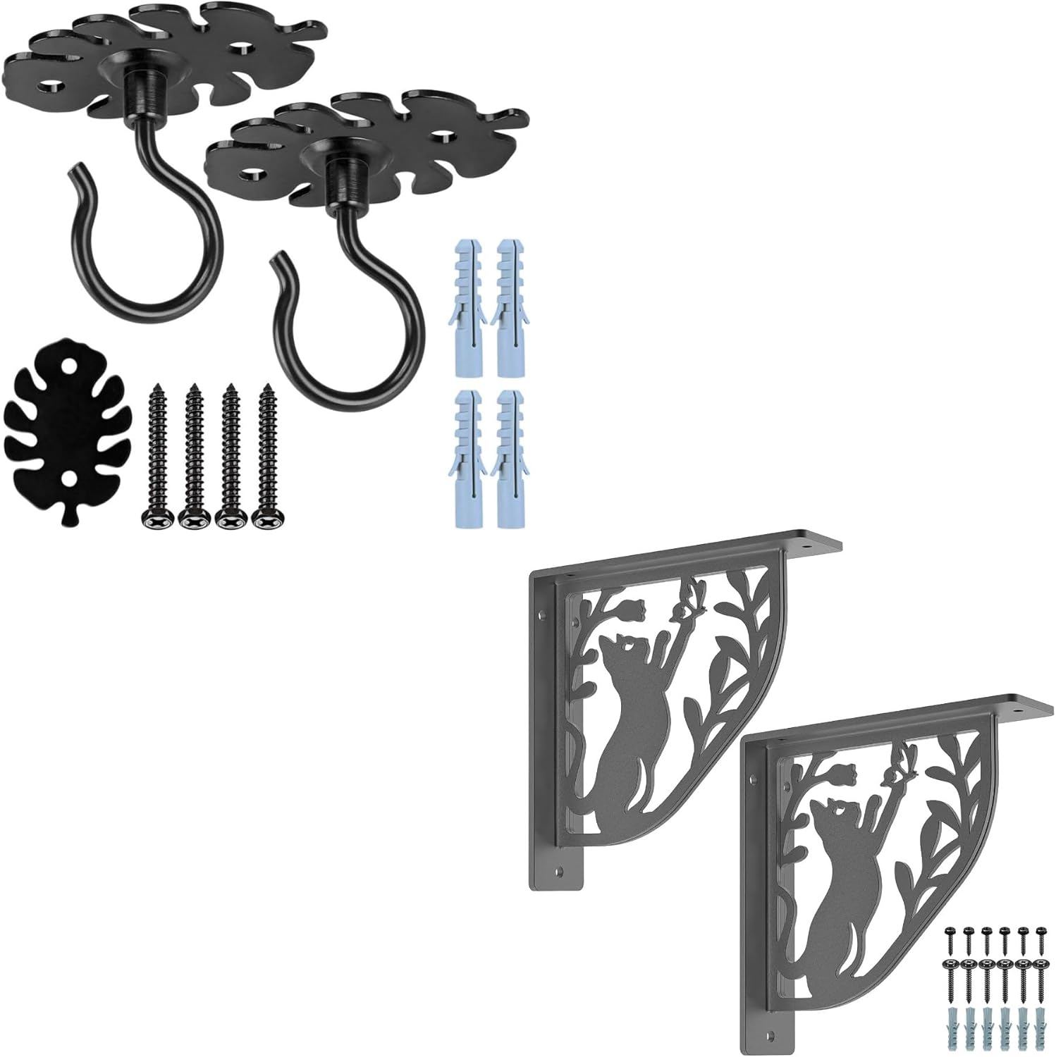 Dolibest Black Rustic Wall & Ceiling Storage Bundle – 2 Pcs Turtle Leaf Plant Hooks + 2 Pcs Cat & Butterfly Shaped Shelf Brackets | Heavy Duty 500LB L-Bracket & Decorative Ceiling Hooks for Hanging Pl