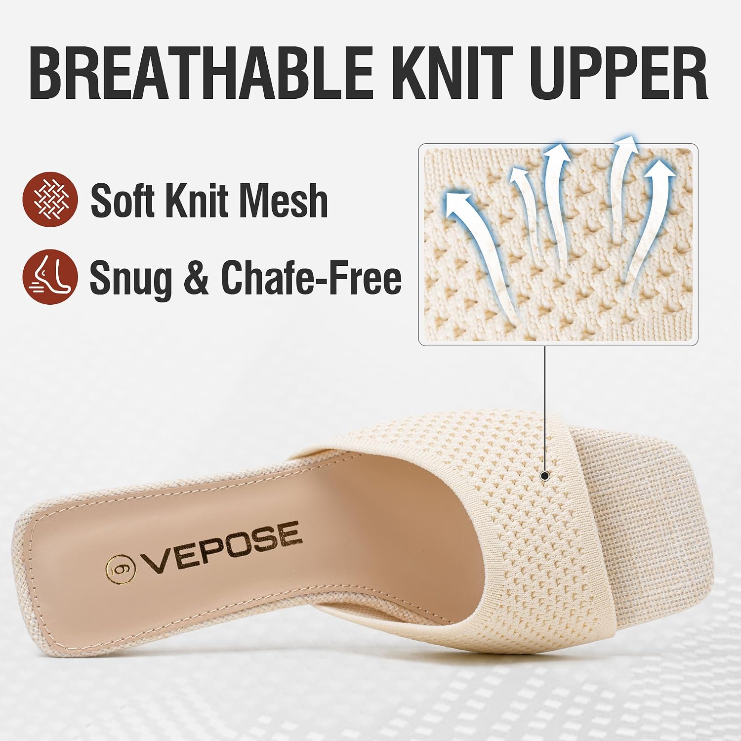 Vepose Women's Slip On Heeled Sandals, Approx 3 Inch Slim Block Heel, Square Open Toe Knit Mesh Woven Mules - Comfortable Dressy Shoes for Wedding Guest 6108